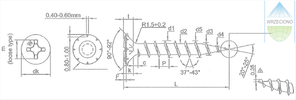 Wkręt okuciowy, PVC, łeb stożkowy, soczewkowy, ripy małe, 4.1 x 45, ocynk biały. 
